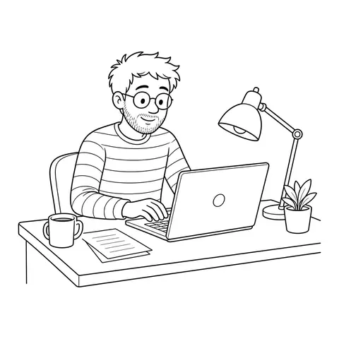 Morten arbeitet am Laptop.